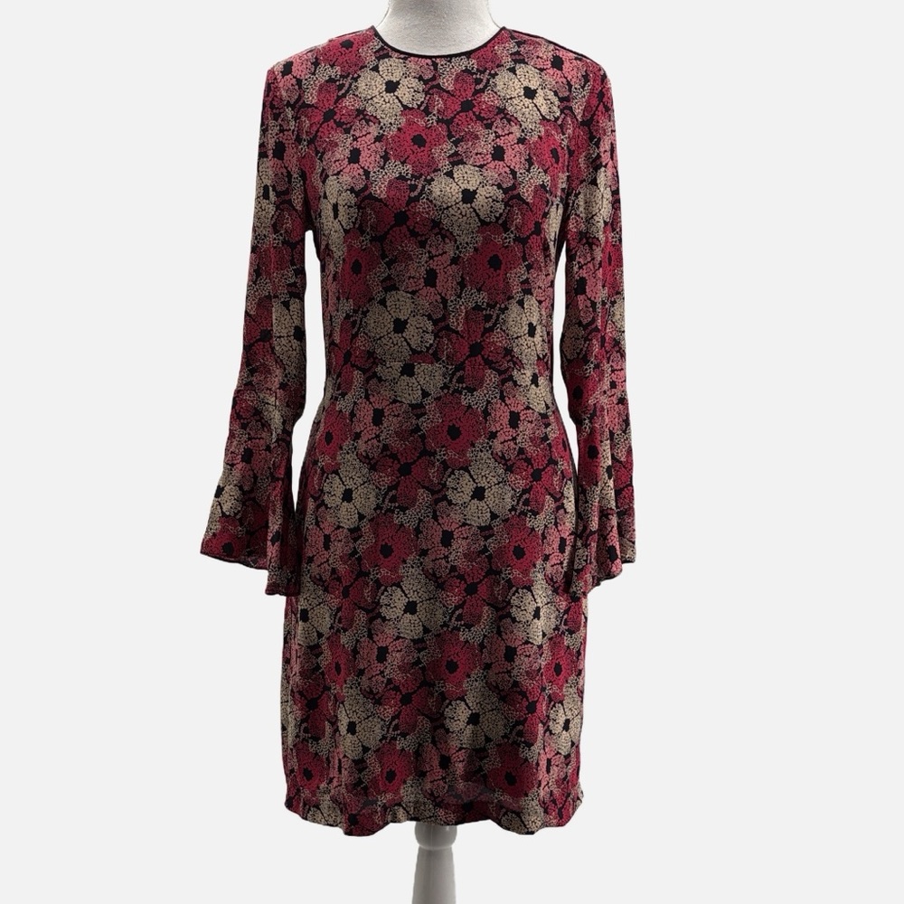 Piamita Silk Blend Heart Floral Long Trumpet Sleeve Dress - Size Small